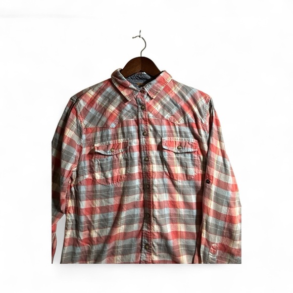 JACHS Girlfriend Coral and Blue Plaid Button-Down Long Sleeve Shirt Size Large - Picture 2 of 8